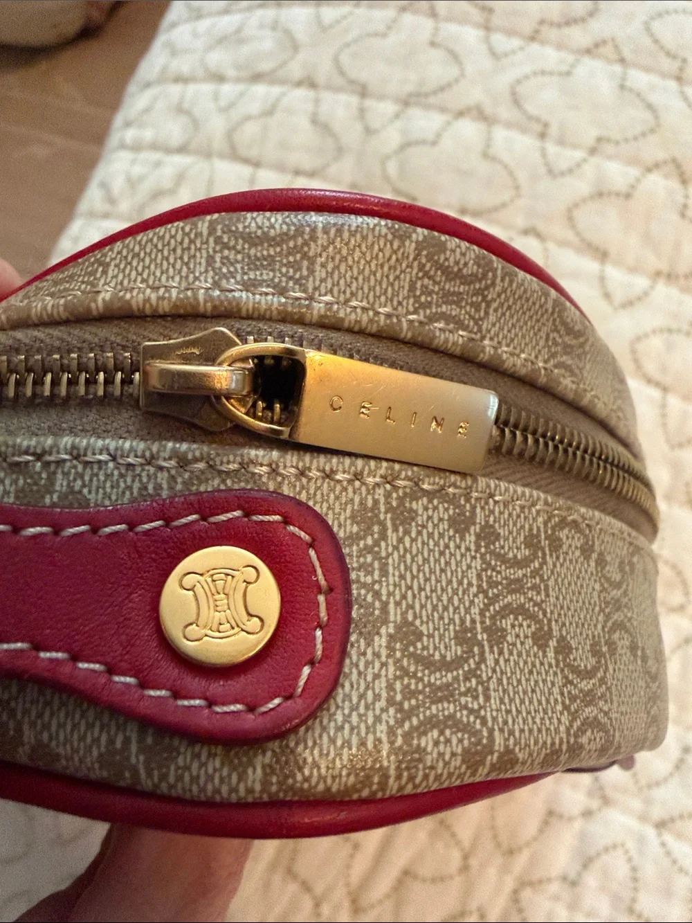 Celine Beige Monogram Cosmetic Case with Red Trim